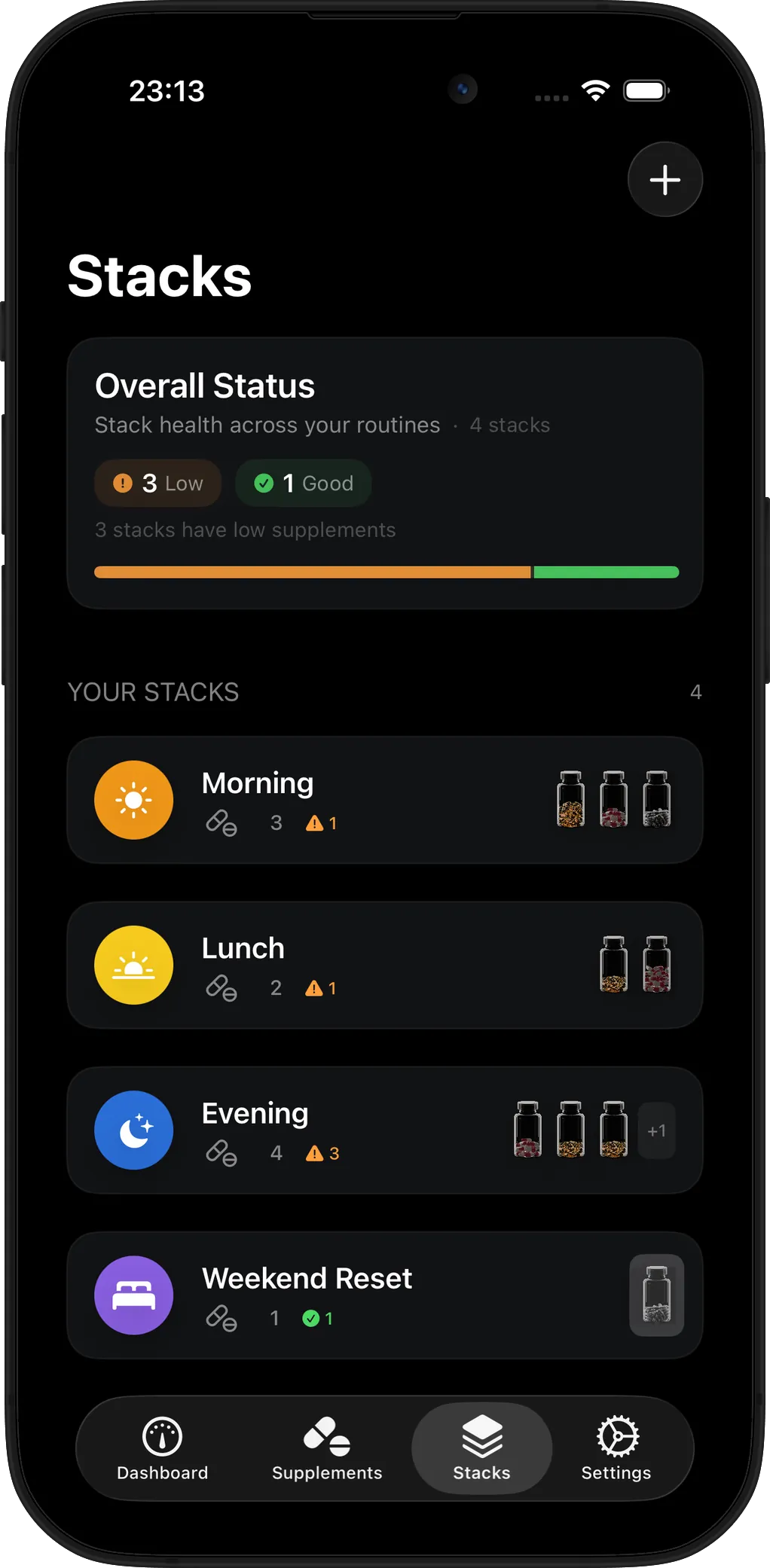 Re:Stock stacks screen showing routines grouped as stacks, each with its own supplements and doses.