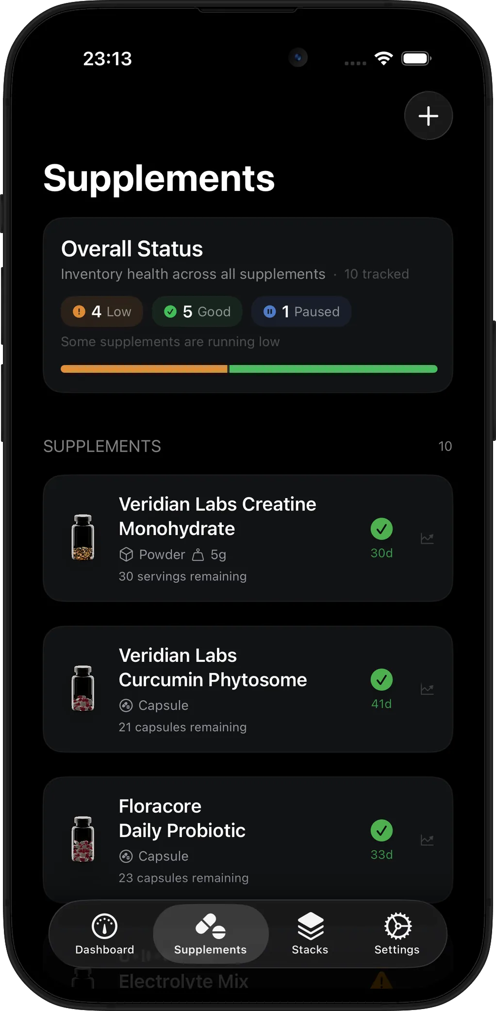 Re:Stock supplements screen showing overall status and which supplements are low, healthy, or paused.
